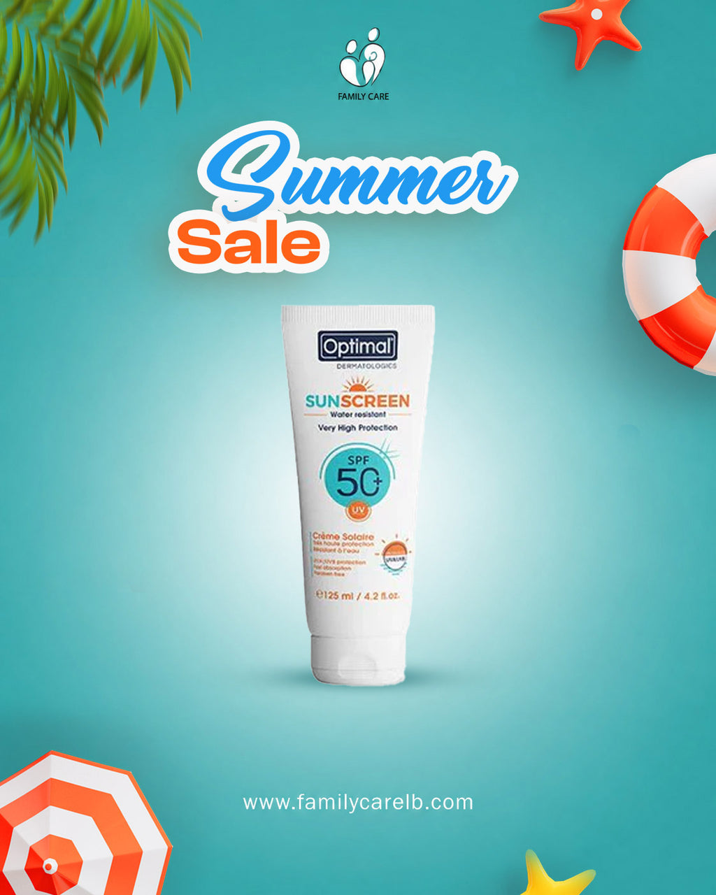 Optimal Sunscreen SPF 50 Water Resistant 125 ml