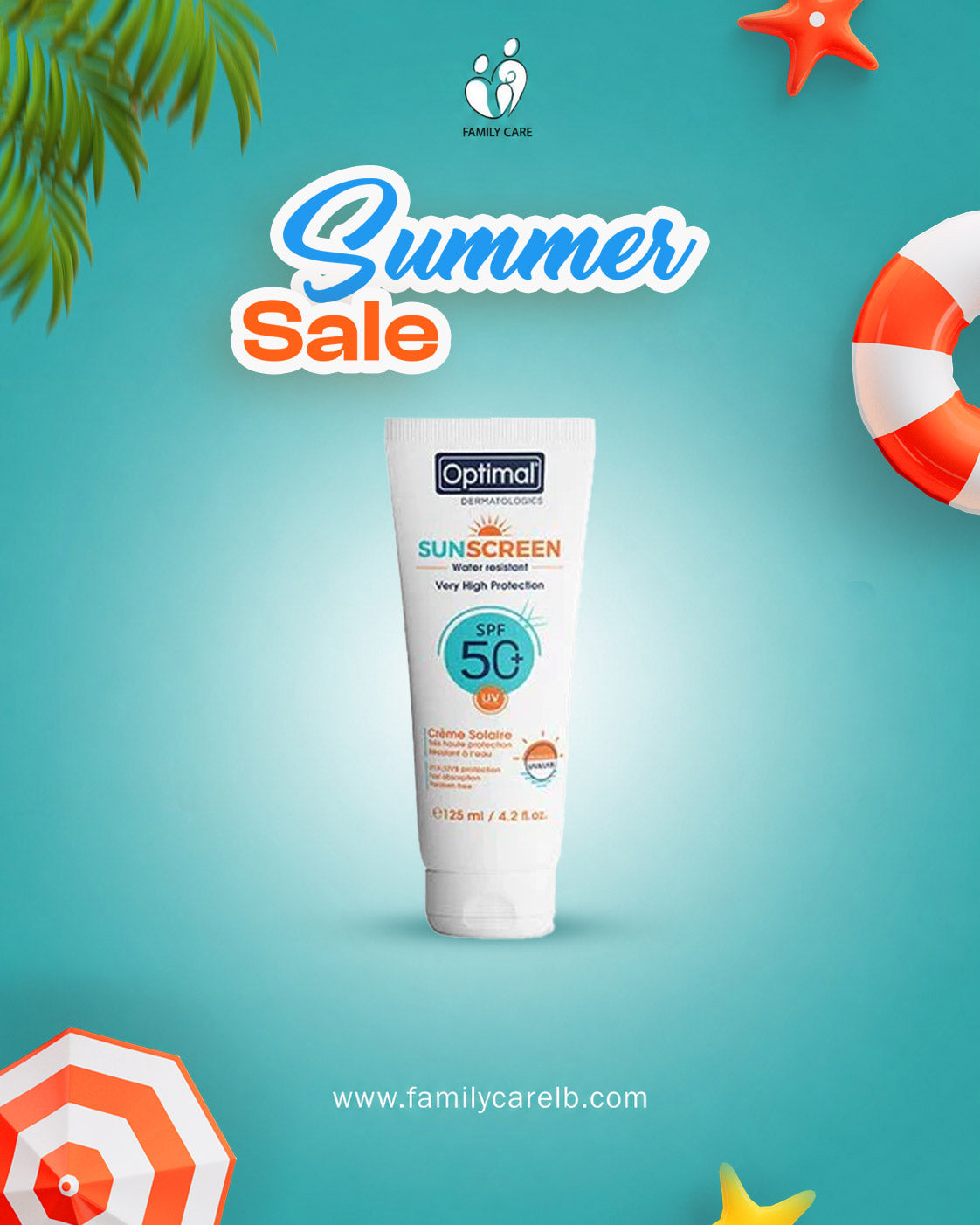 Optimal Sunscreen SPF 50 Water Resistant 125 ml