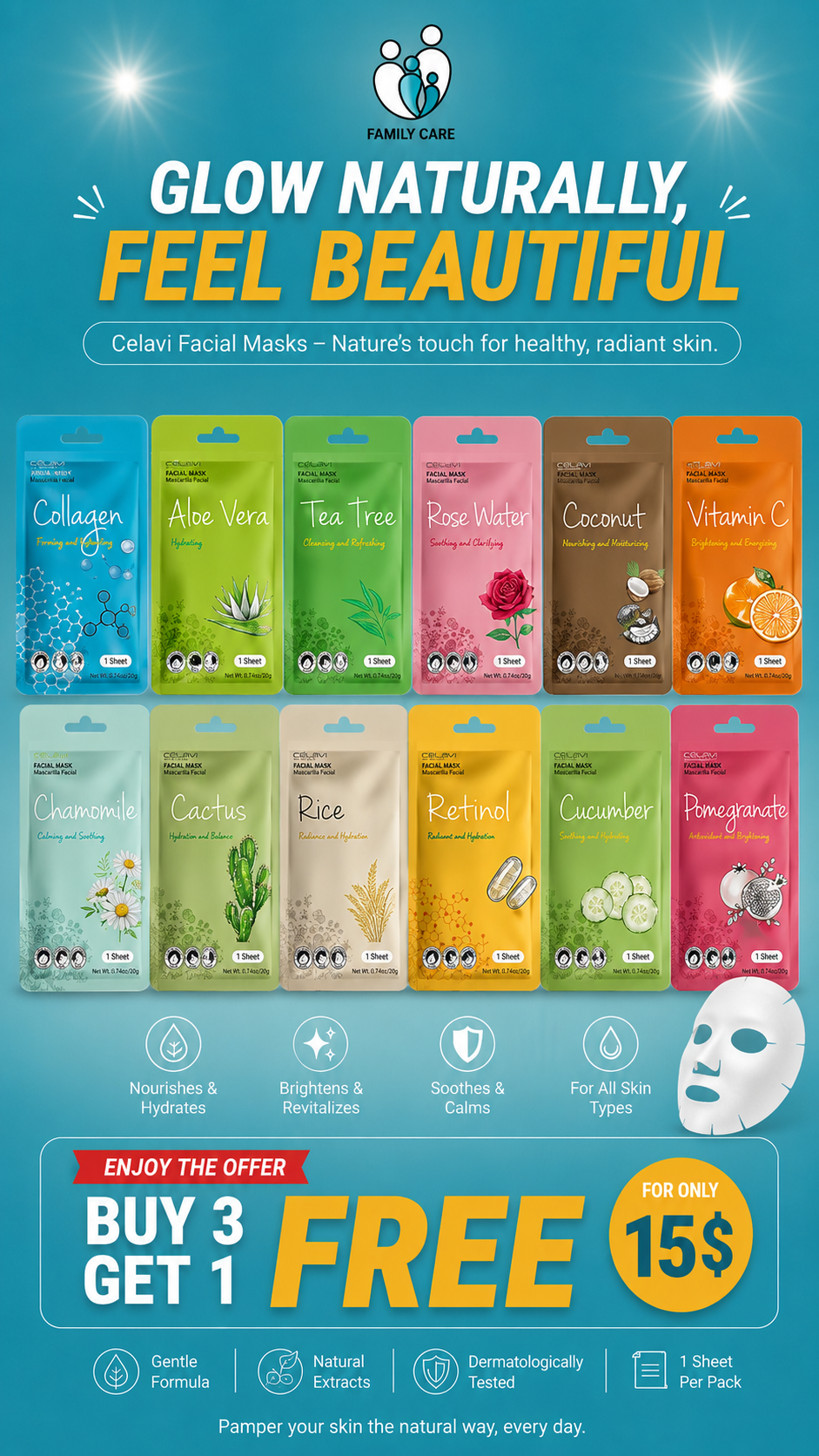 Celavi Korean Facial Sheet Face Mask  Classic Authentic Moisturizing Skincare