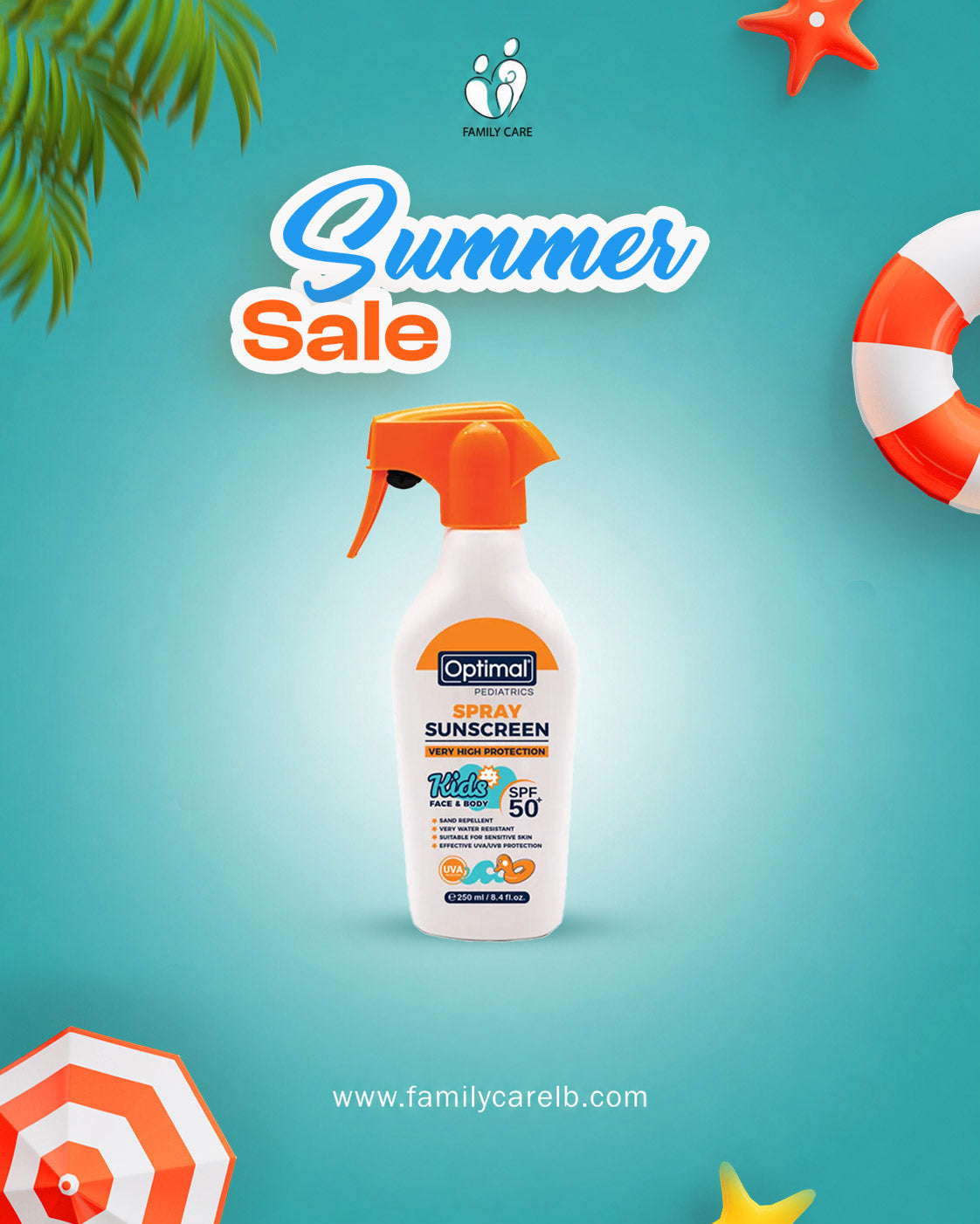Optimal 250ml SPF 50+ Kids Sunscreen Spray, Gentle Formula for Face & Body
