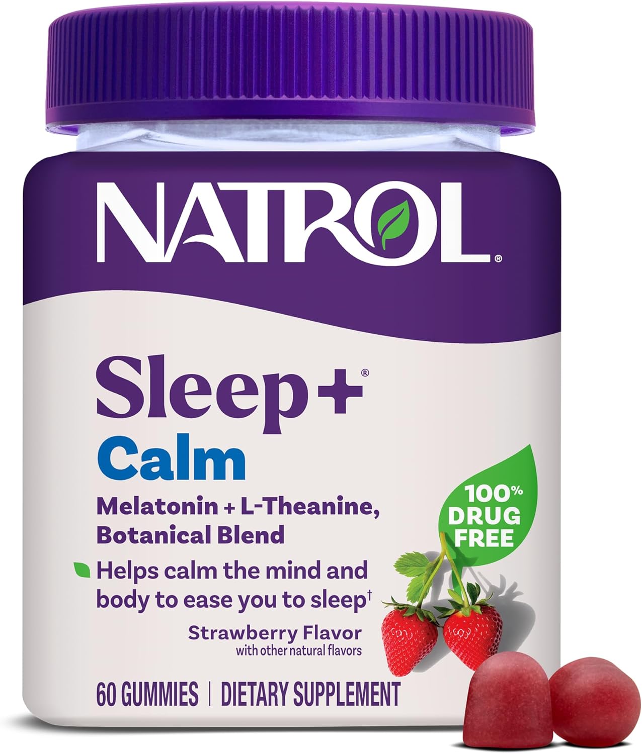 Natrol Sleep+ Calm Adults, Melatonin, L-Theanine, Strawberry, 60 Gummies