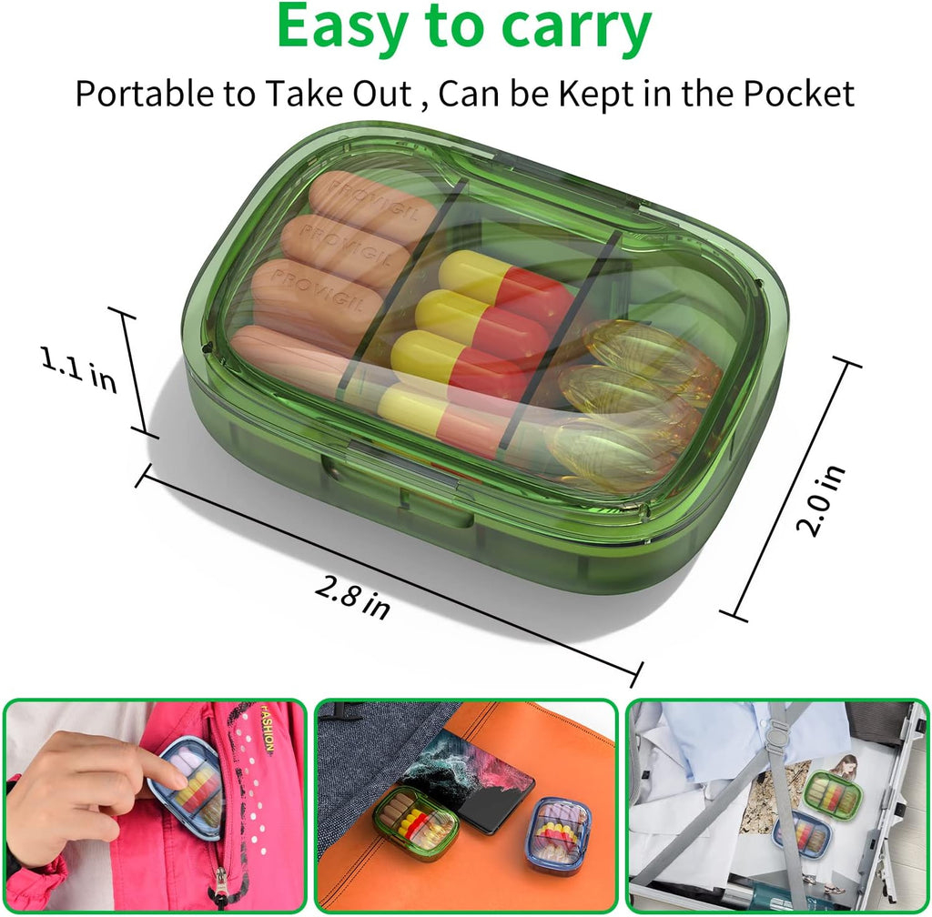Pill Box 3 Compartments Moisture Proof Case, Travel Organizer for Pocket Purse,
