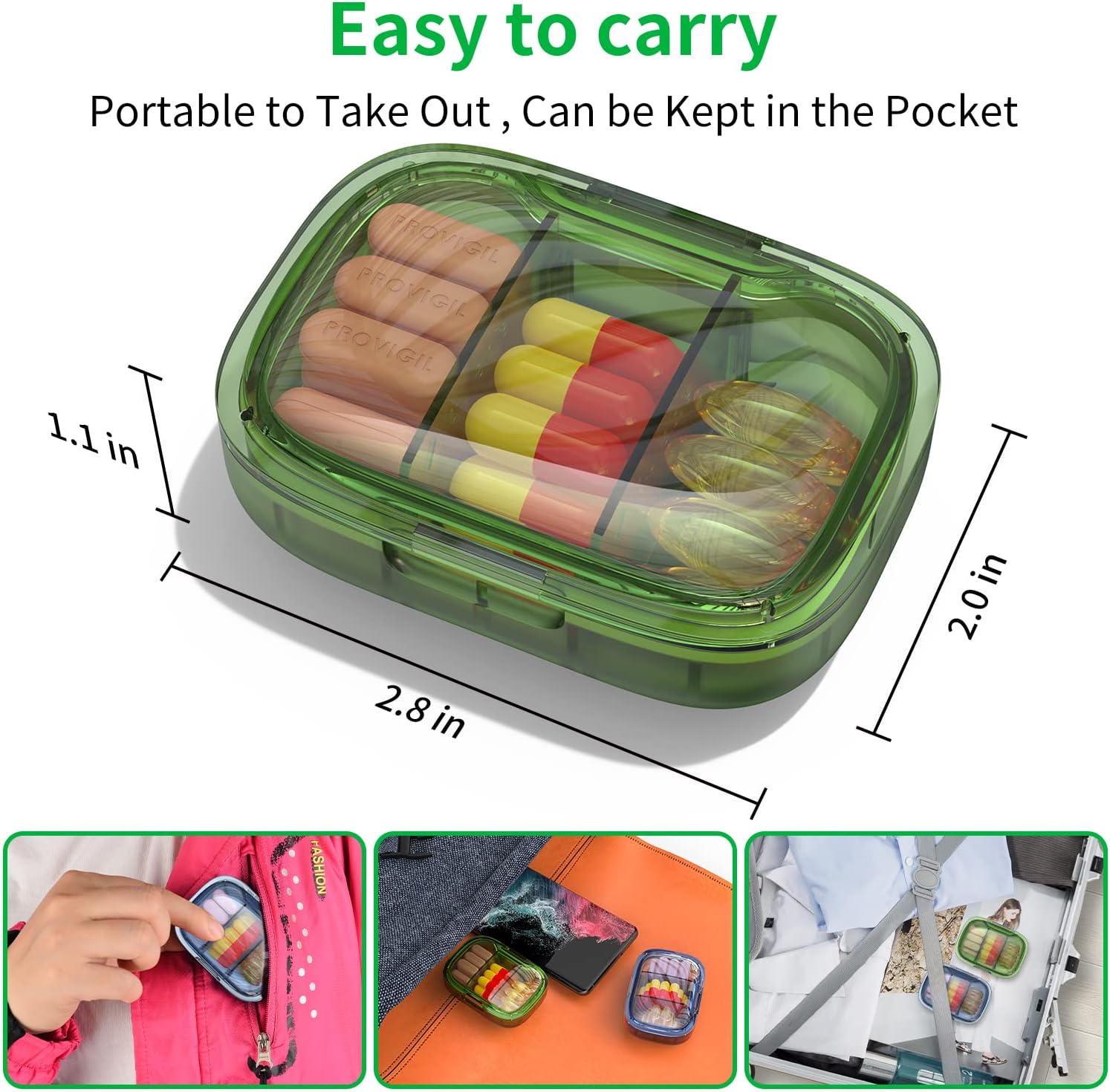 Pill Box 3 Compartments Moisture Proof Case, Travel Organizer for Pocket Purse,