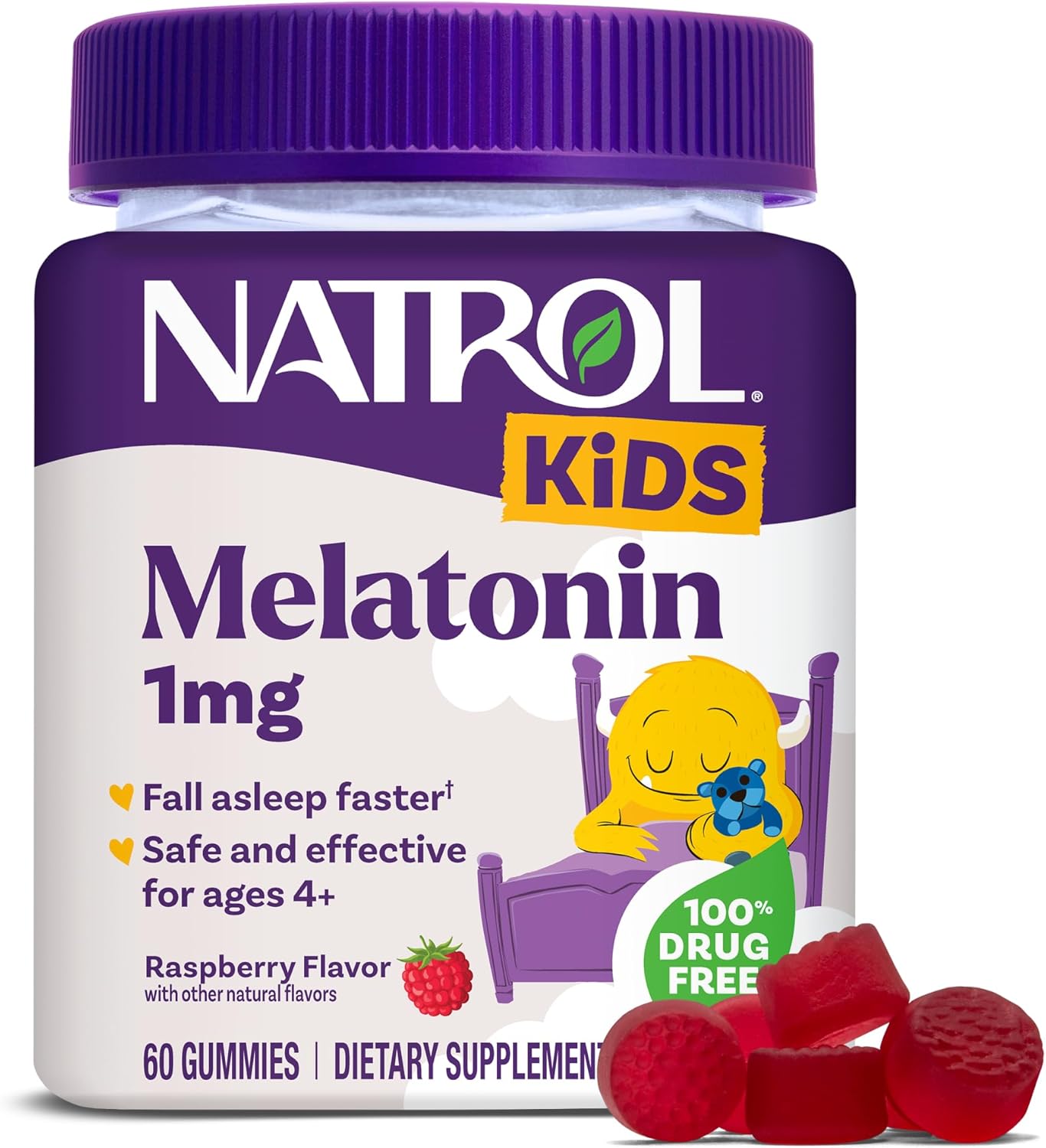 Natrol Kids Melatonin Gummies 1mg, Children's Melatonin for 60 Raspberry-Flavored Sleep Gummies