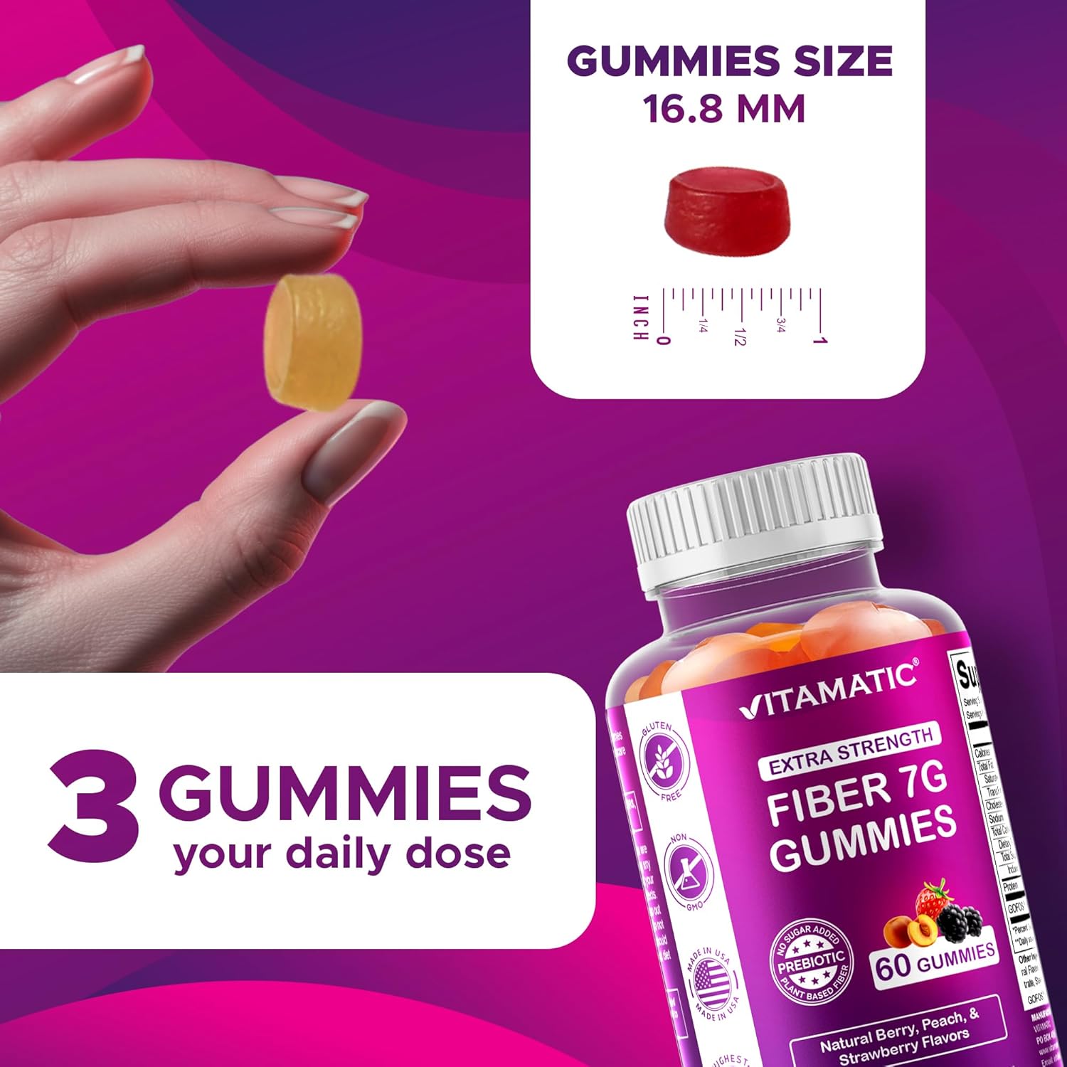 Prebiotic Fiber Gummies for Adults – 7g Fiber per Serving – 60 Pectin-Based Gummies