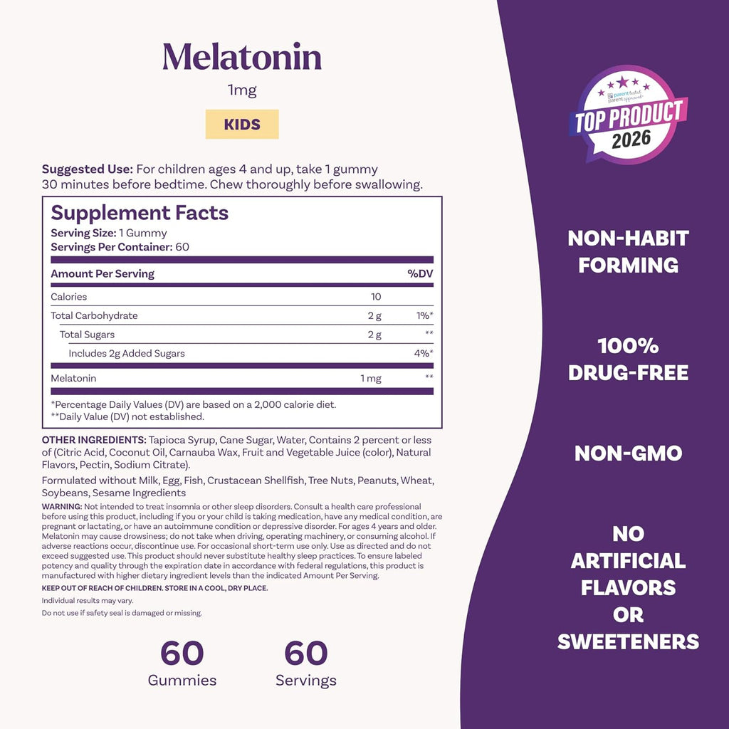 Natrol Kids Melatonin Gummies 1mg, Children's Melatonin for 60 Raspberry-Flavored Sleep Gummies