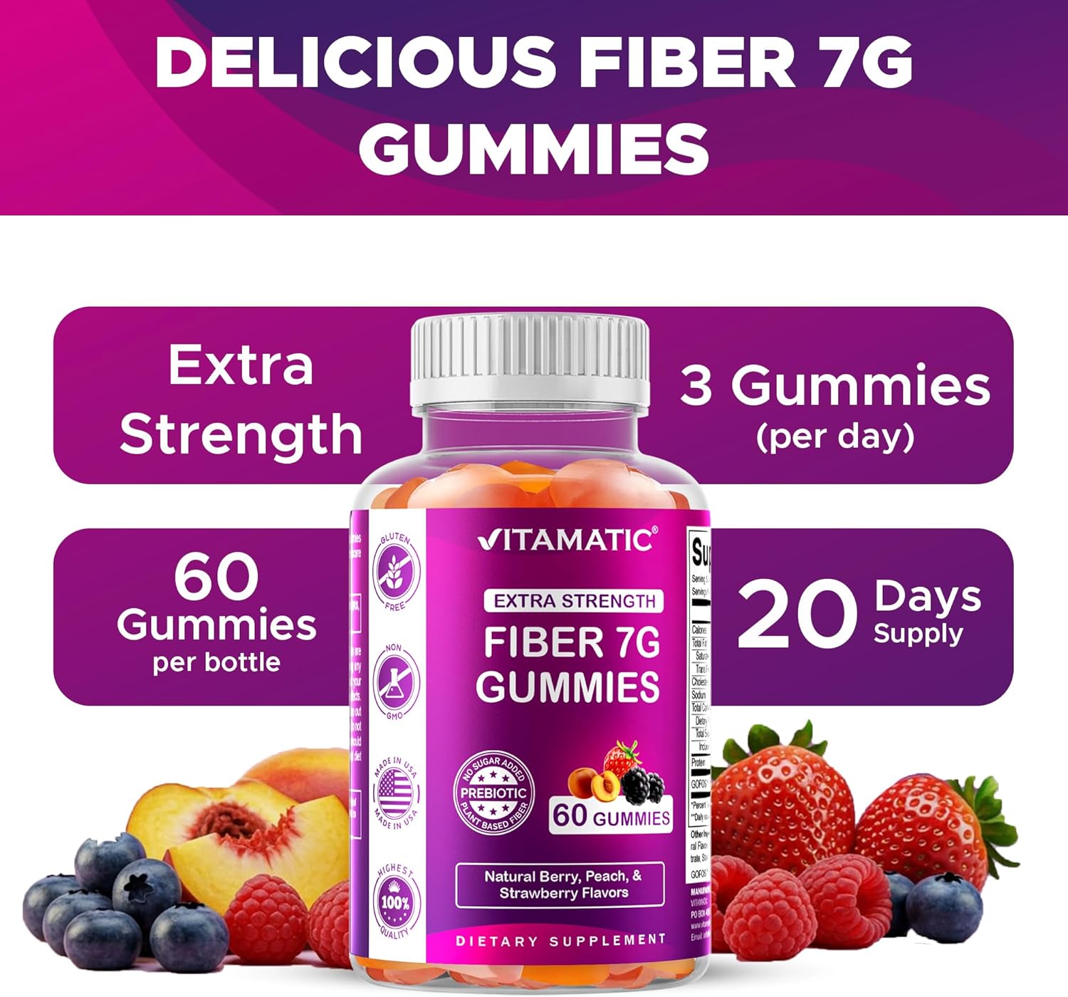 Prebiotic Fiber Gummies for Adults – 7g Fiber per Serving – 60 Pectin-Based Gummies