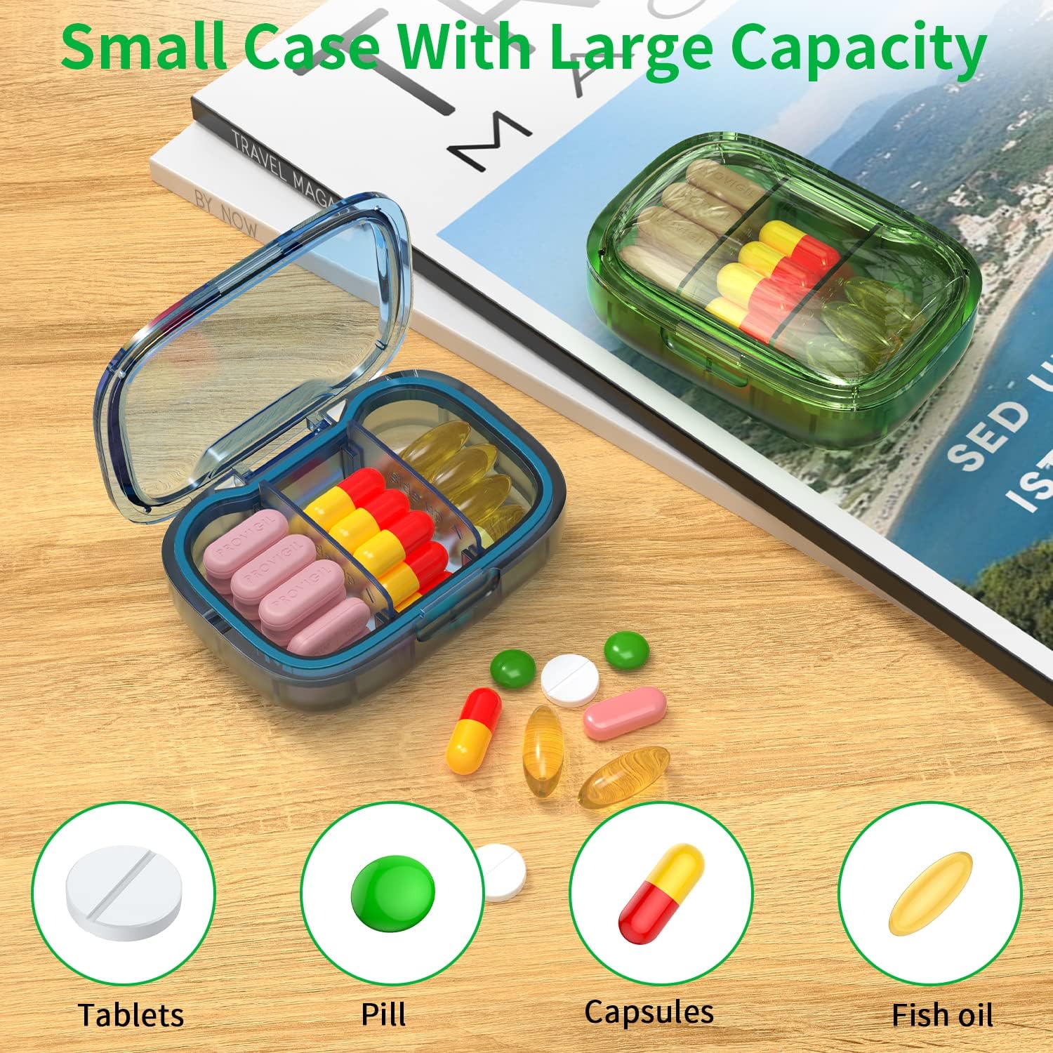 Pill Box 3 Compartments Moisture Proof Case, Travel Organizer for Pocket Purse,