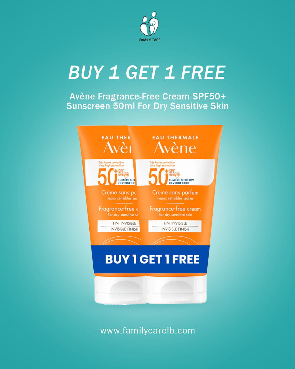 Buy 1 Get 1 Avène Fragrance-Free Cream SPF50+ Sunscreen 50ml For Dry Sensitive Skin