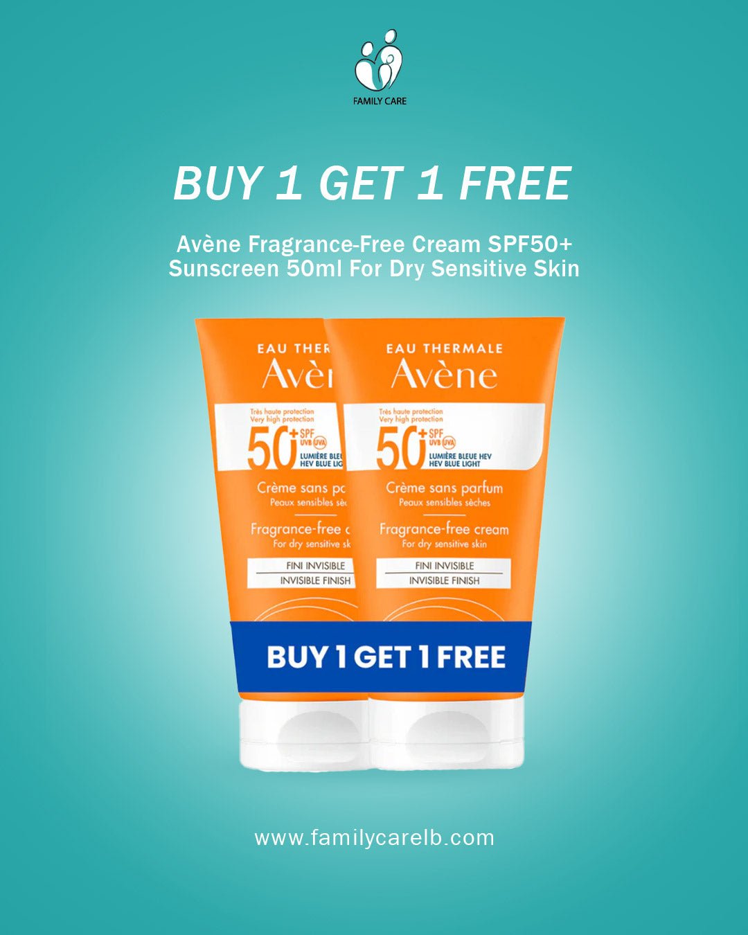 Buy 1 Get 1 Avène Fragrance-Free Cream SPF50+ Sunscreen 50ml For Dry Sensitive Skin