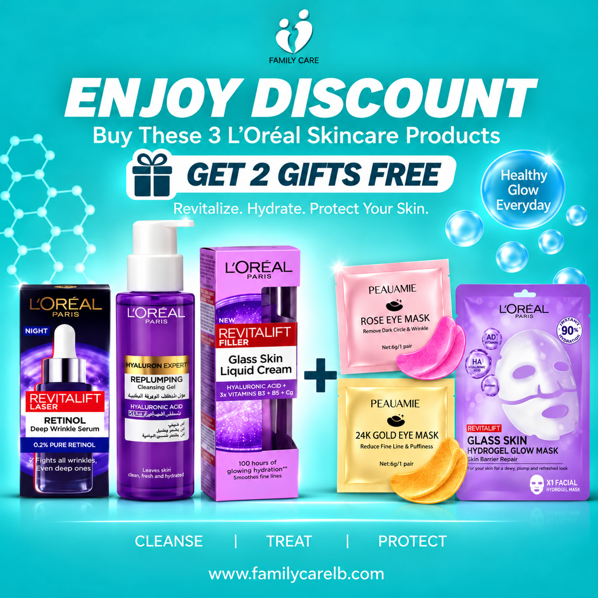 BUY Three L'Oreal Skincare Products Get Two Gifts Glass Skin mask and 2 eye masks