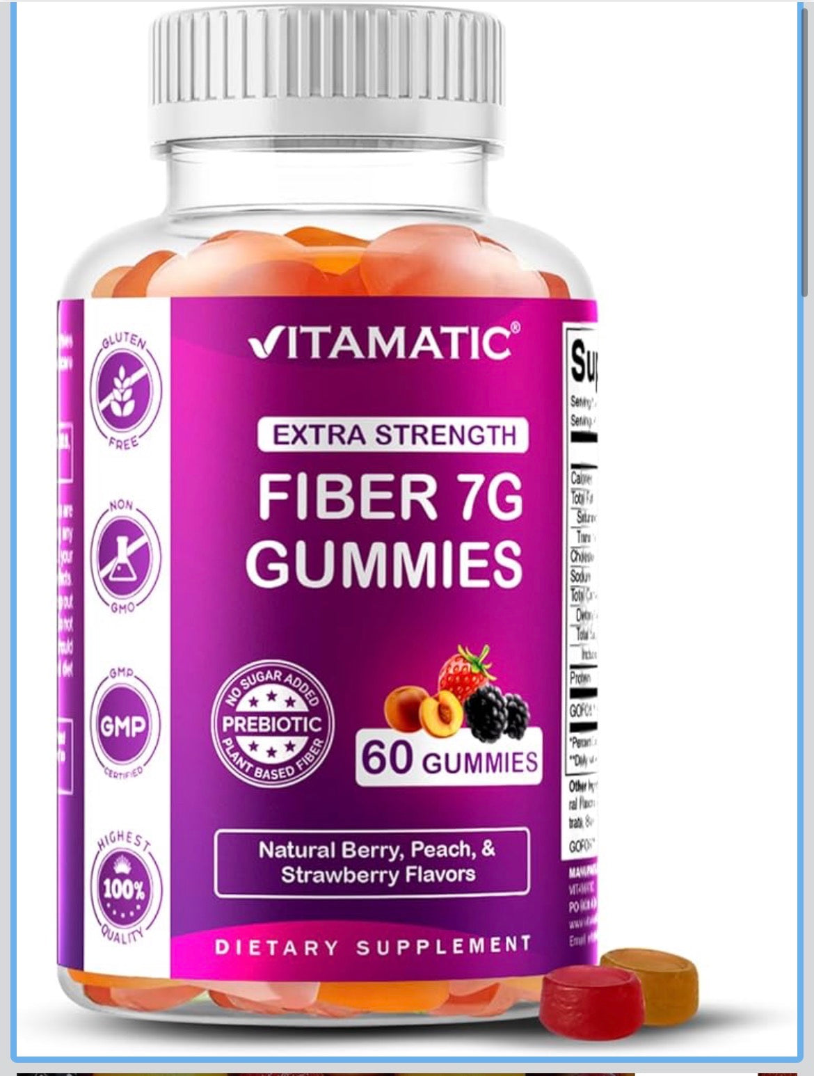 Prebiotic Fiber Gummies for Adults – 7g Fiber per Serving – 60 Pectin-Based Gummies