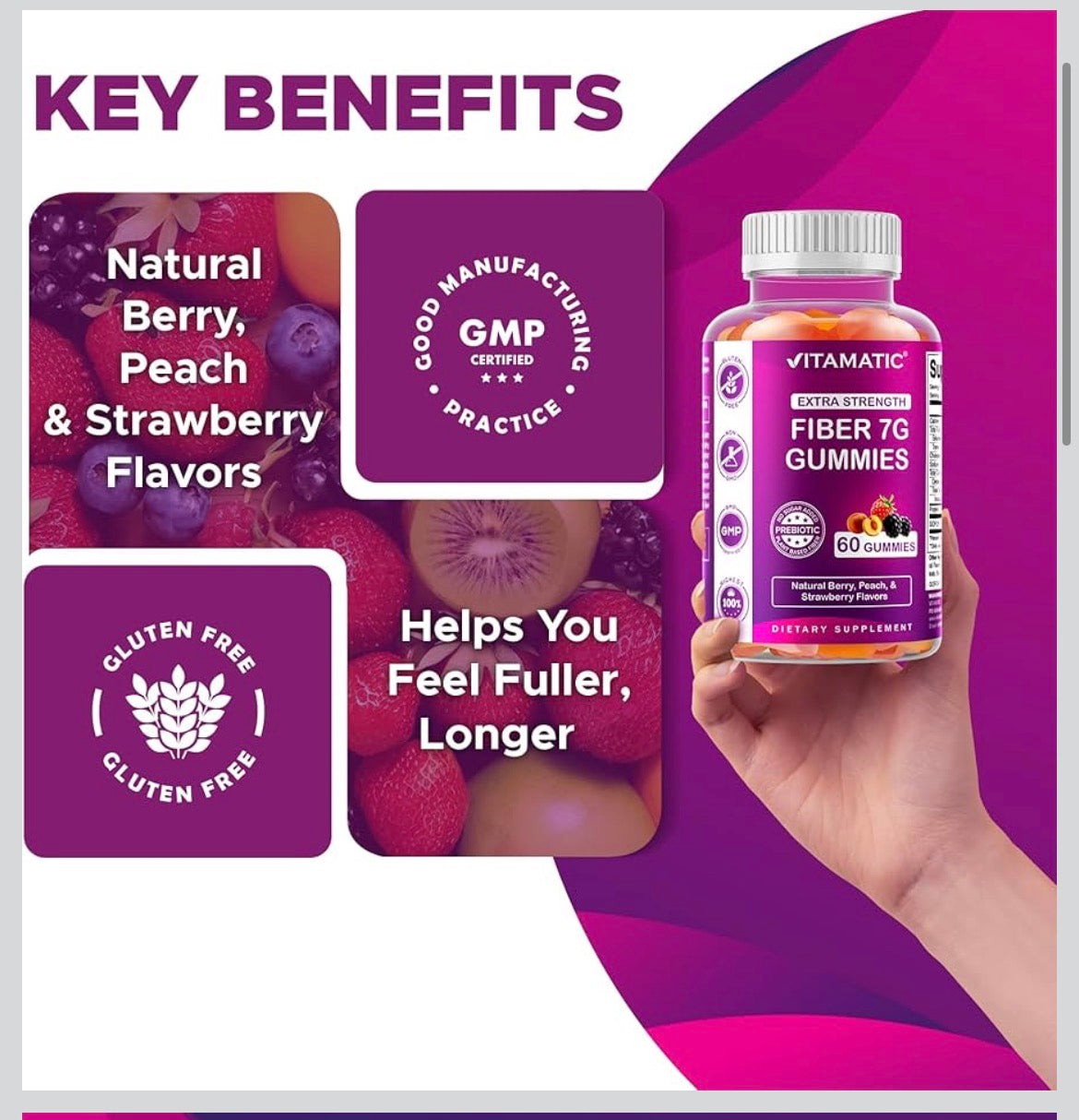 Prebiotic Fiber Gummies for Adults – 7g Fiber per Serving – 60 Pectin-Based Gummies