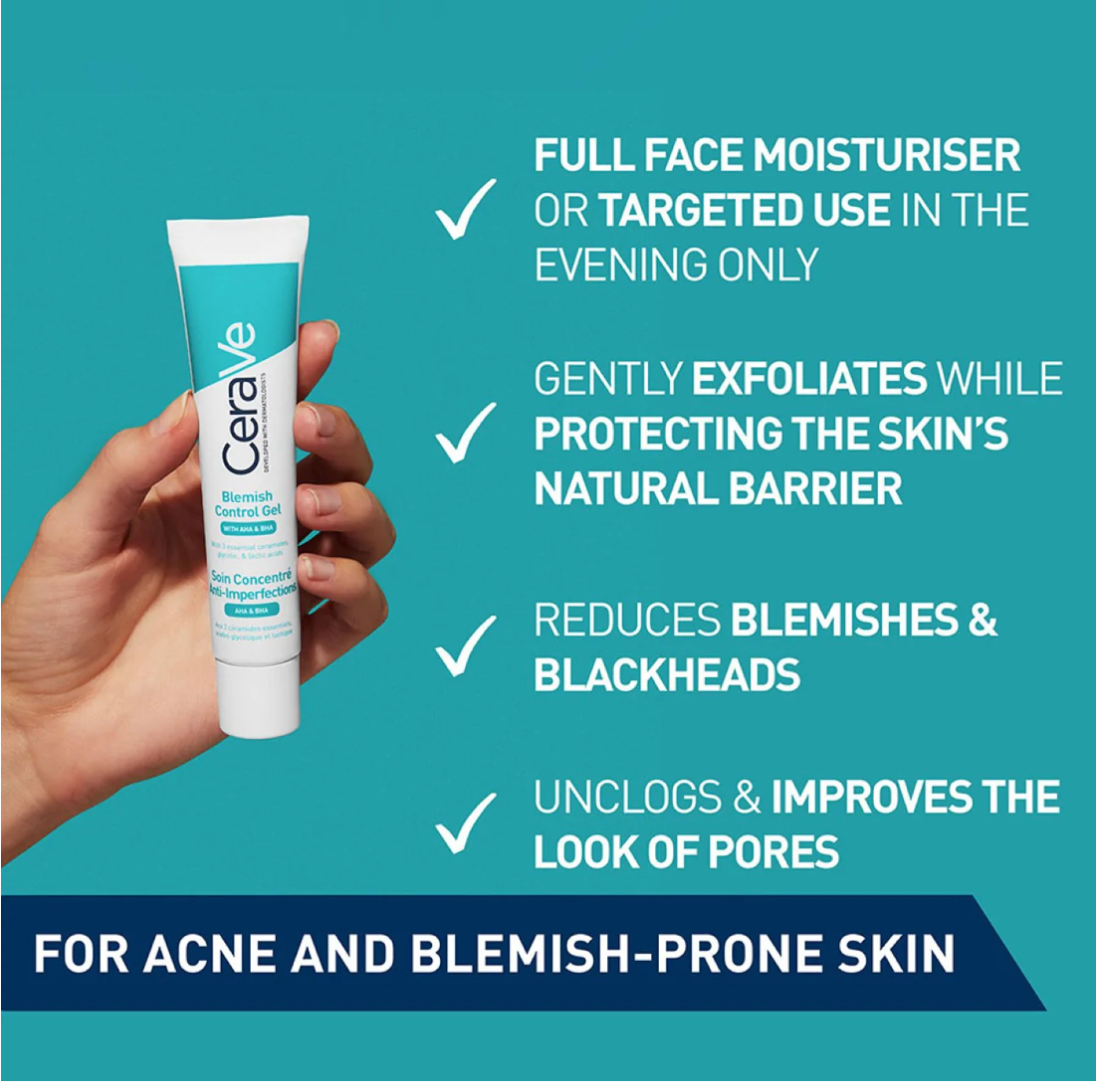 Cerave Blemish Control Gel Facial Moisturizer For Acne & Blemishes with Glycolic Acid and Lactic Acid AHA/BHA