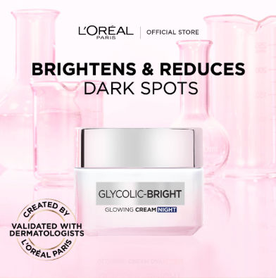 L’Oréal Paris, Glycolic-Bright Glowing Night Cream, for Dark Spots Reduction, Glow Boosting, and Skin Tone Evenness, 50ml