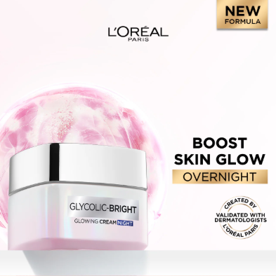 L’Oréal Paris, Glycolic-Bright Glowing Night Cream, for Dark Spots Reduction, Glow Boosting, and Skin Tone Evenness, 50ml