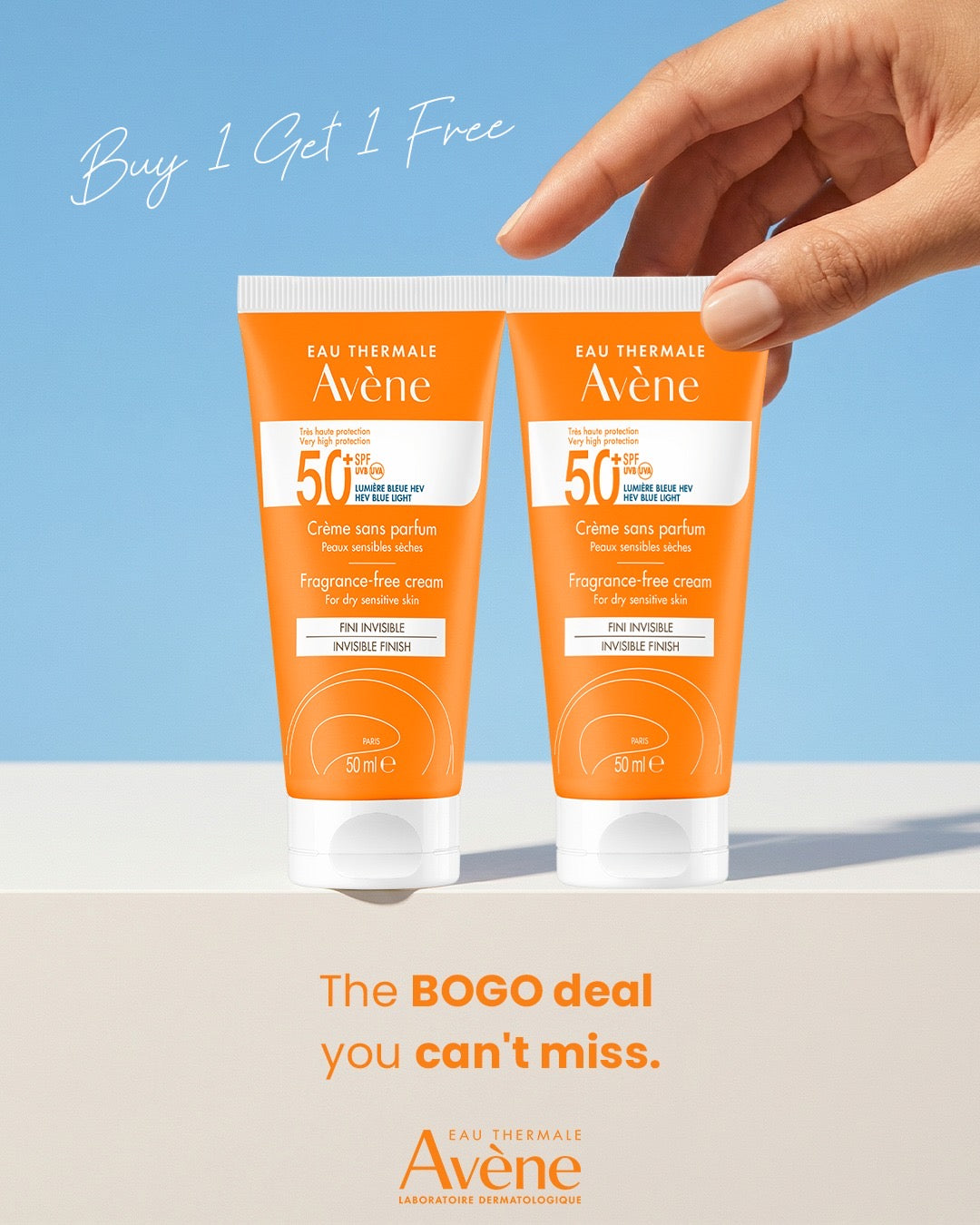 Buy 1 Get 1 Avène Fragrance-Free Cream SPF50+ Sunscreen 50ml For Dry Sensitive Skin