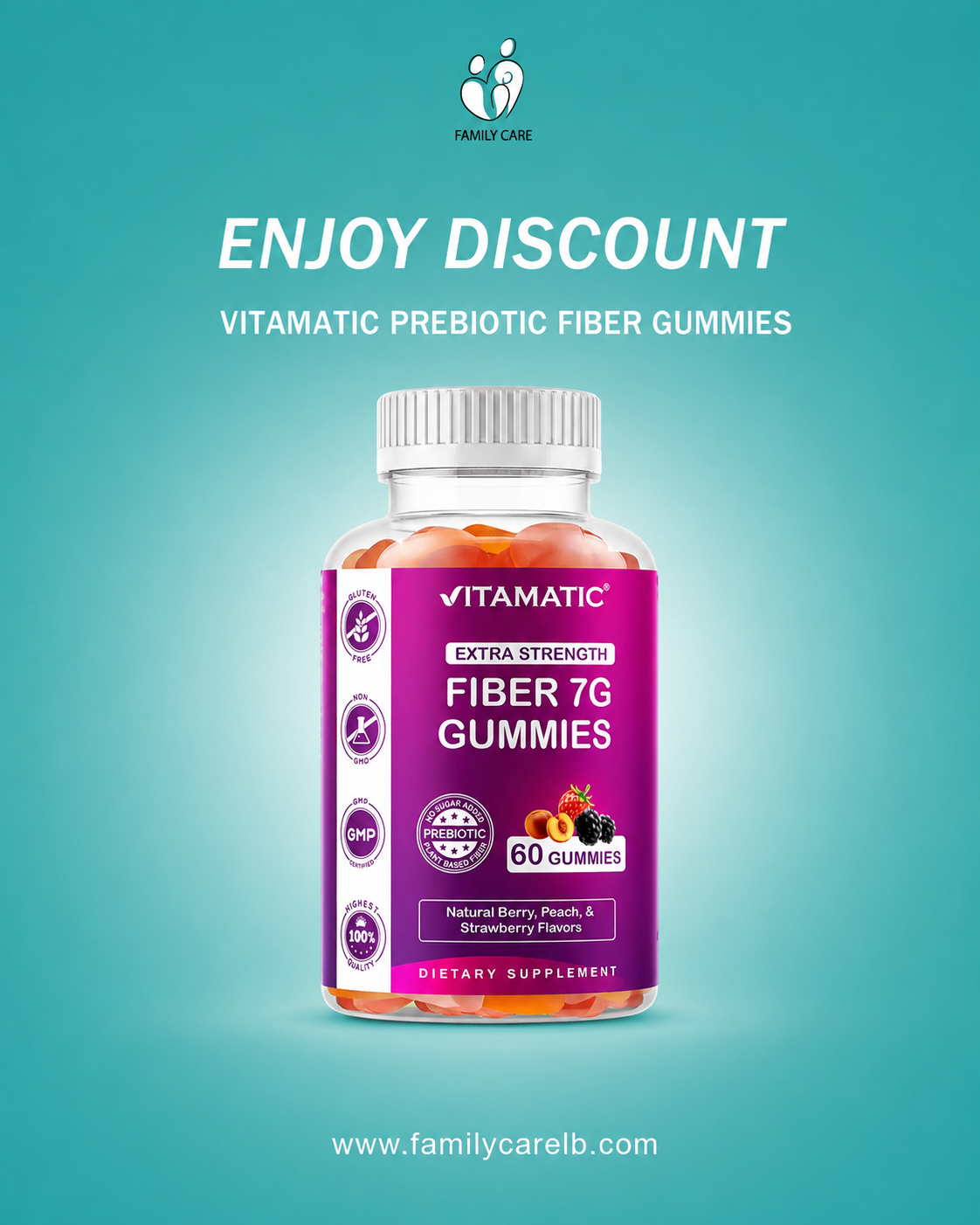 Prebiotic Fiber Gummies for Adults – 7g Fiber per Serving – 60 Pectin-Based Gummies