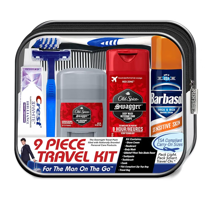 Travel Kit International Men's Deluxe, 9-Piece Kit with Travel Size: Old Spice Products in Reuseable Toiletry Bag