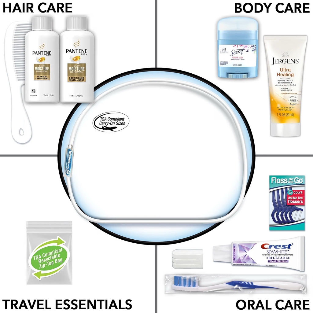 Travel Kit International Women's Deluxe 10 Piece Kit with Travel Size Pantene Hair Products in Reusable Toiletry Zippered Bag
