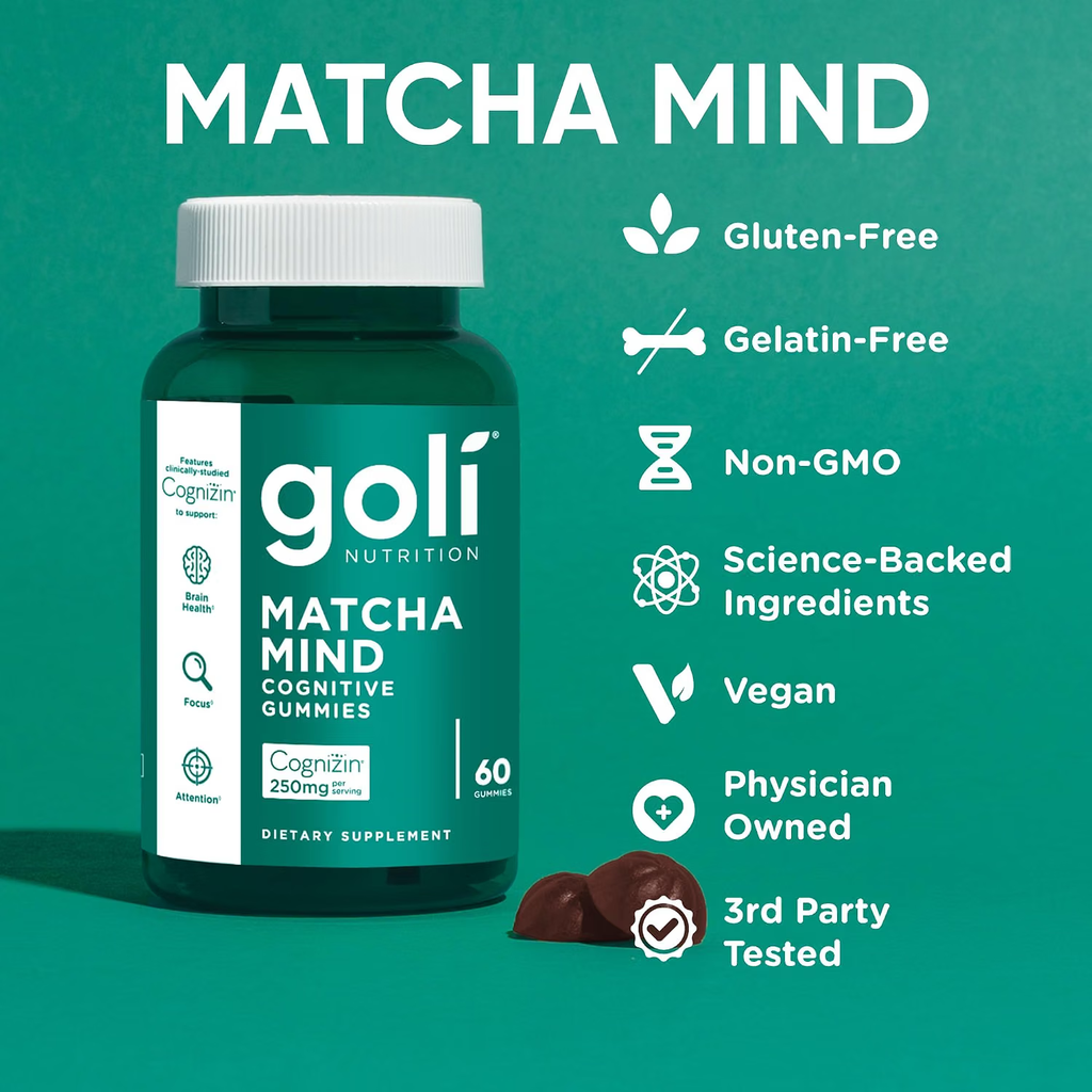 Goli Matcha Mind Cognitive Gummies with Cognizin Citicoline - Brain Health and Focus Support
