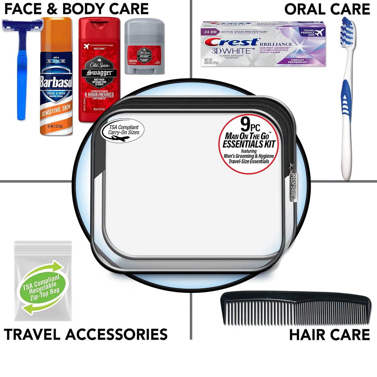 Travel Kit International Men's Deluxe, 9-Piece Kit with Travel Size: Old Spice Products in Reuseable Toiletry Bag