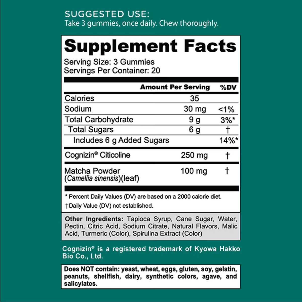 Goli Matcha Mind Cognitive Gummies with Cognizin Citicoline - Brain Health and Focus Support