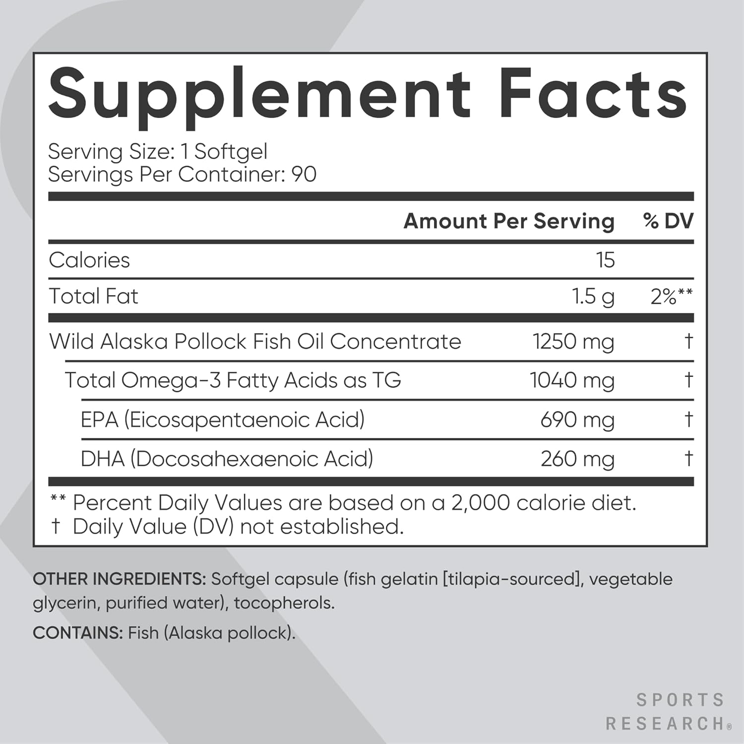 Sports Research Alaskan Omega-3 Fish Oil 1250-90 soft gels