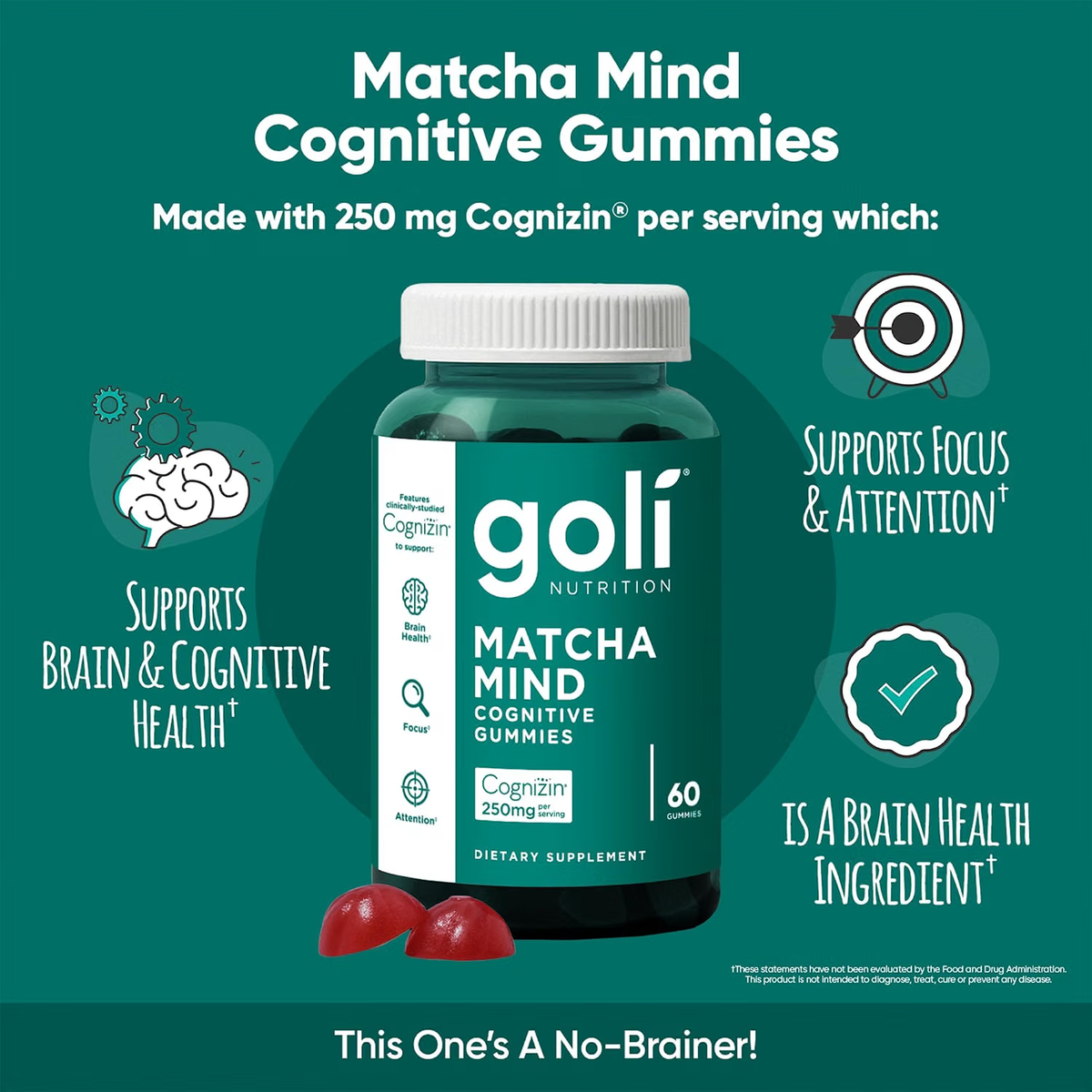 Goli Matcha Mind Cognitive Gummies with Cognizin Citicoline - Brain Health and Focus Support