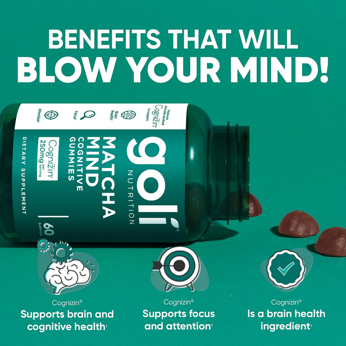 Goli Matcha Mind Cognitive Gummies with Cognizin Citicoline - Brain Health and Focus Support
