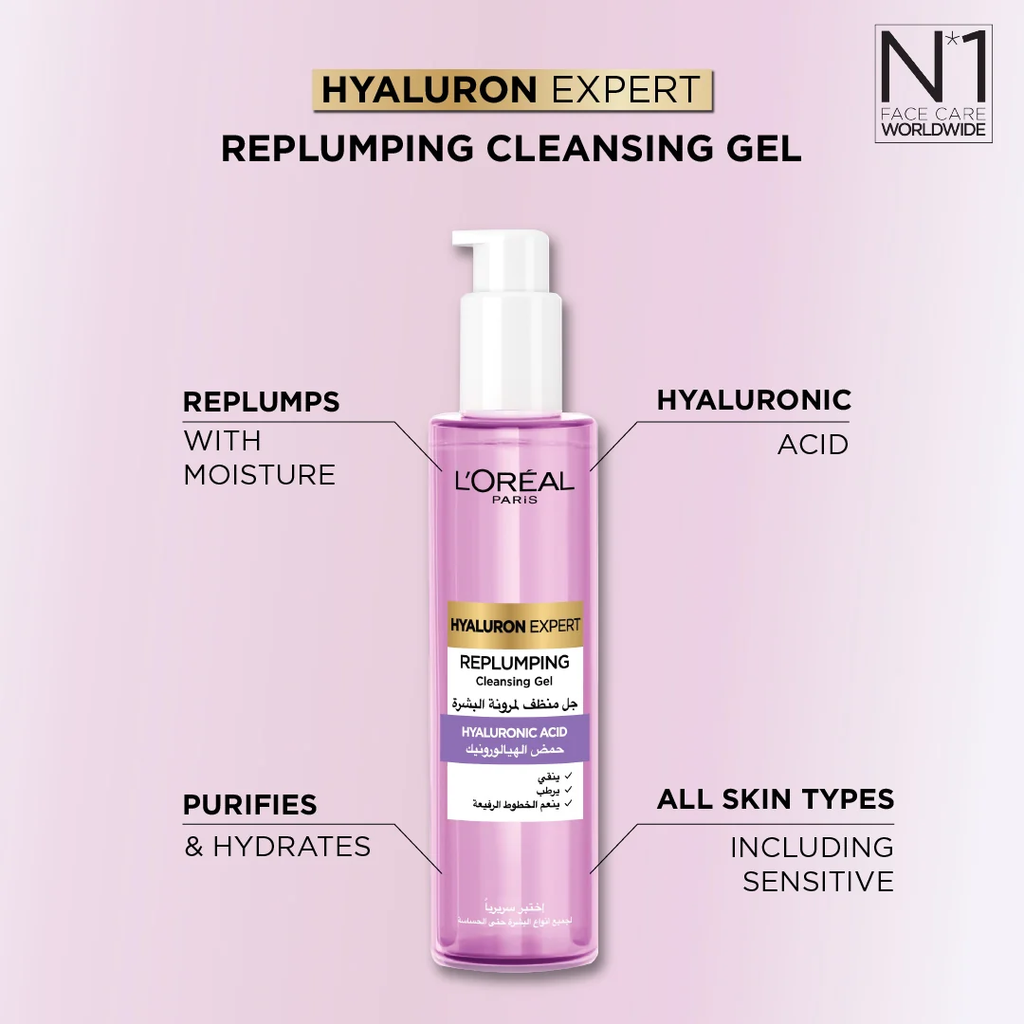 L'oreal Hyaluron Expert Replumping Cleansing Gel, with Hyaluronic Acid, to Replump, Purify and Hydrate, for All Skin Types Including Sensitive
