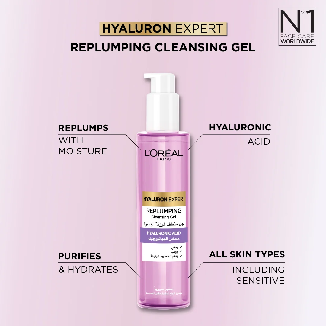 L'oreal Hyaluron Expert Replumping Cleansing Gel, with Hyaluronic Acid, to Replump, Purify and Hydrate, for All Skin Types Including Sensitive