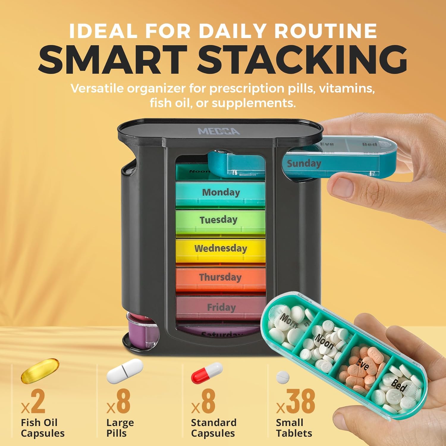 Stackable Daily Pill Organizer 4 Times a Day Weekly Medication Reminder