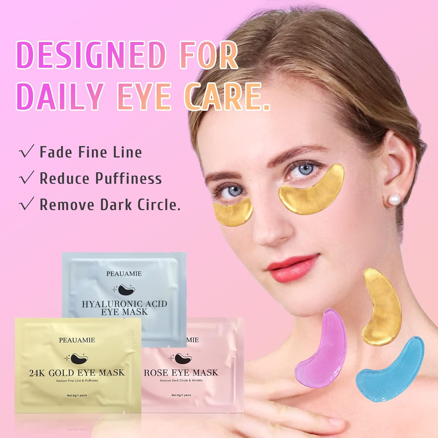 PEAUAMIE Under Eye Patches Gold, Rose and Hyaluronuc acid Eye Masks